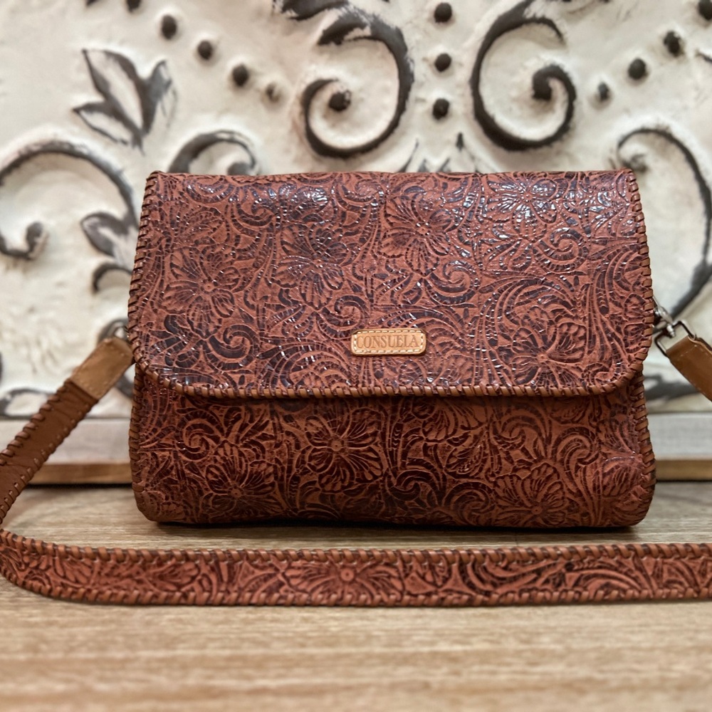 Consuela Brown Crossbody Bag with Floral Embossing